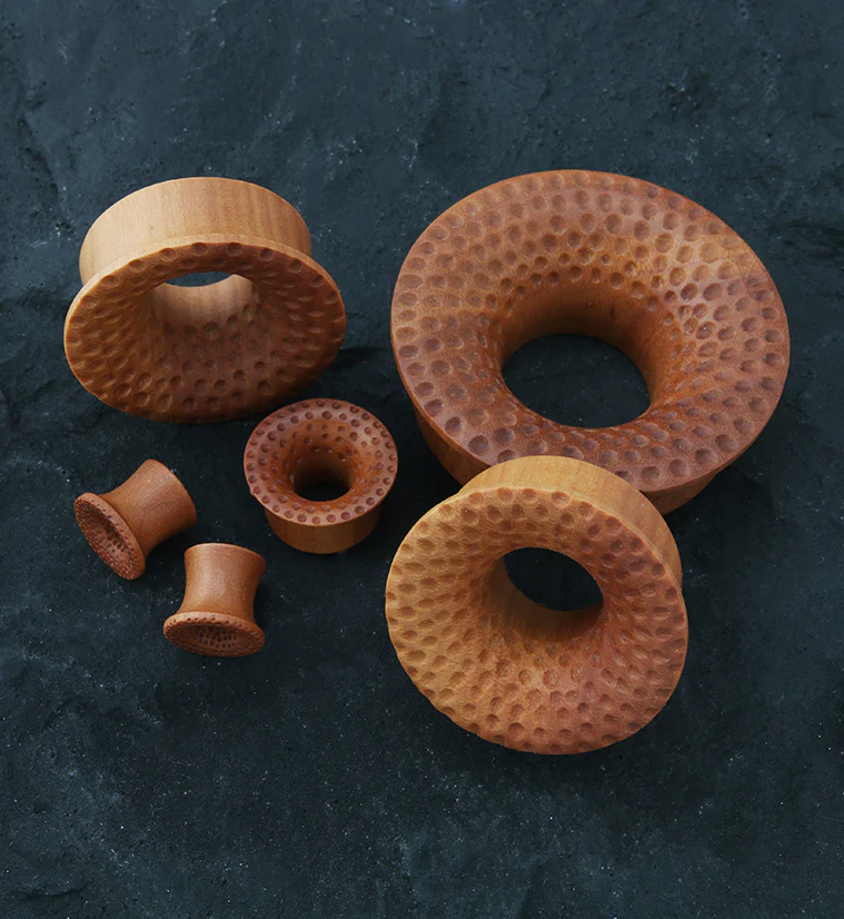 Hammered Saba Wood Mayan Flare Tunnel Plugs - Mrs Treak