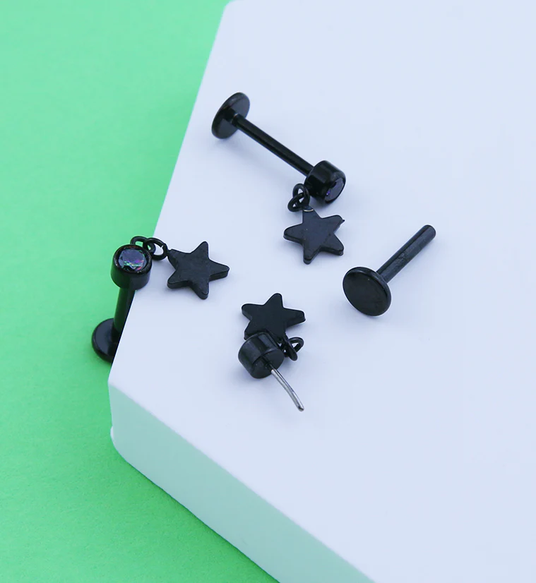 Black PVD Star Dangle Black Aurora CZ Titanium Threadless Labret - Mrs Treak