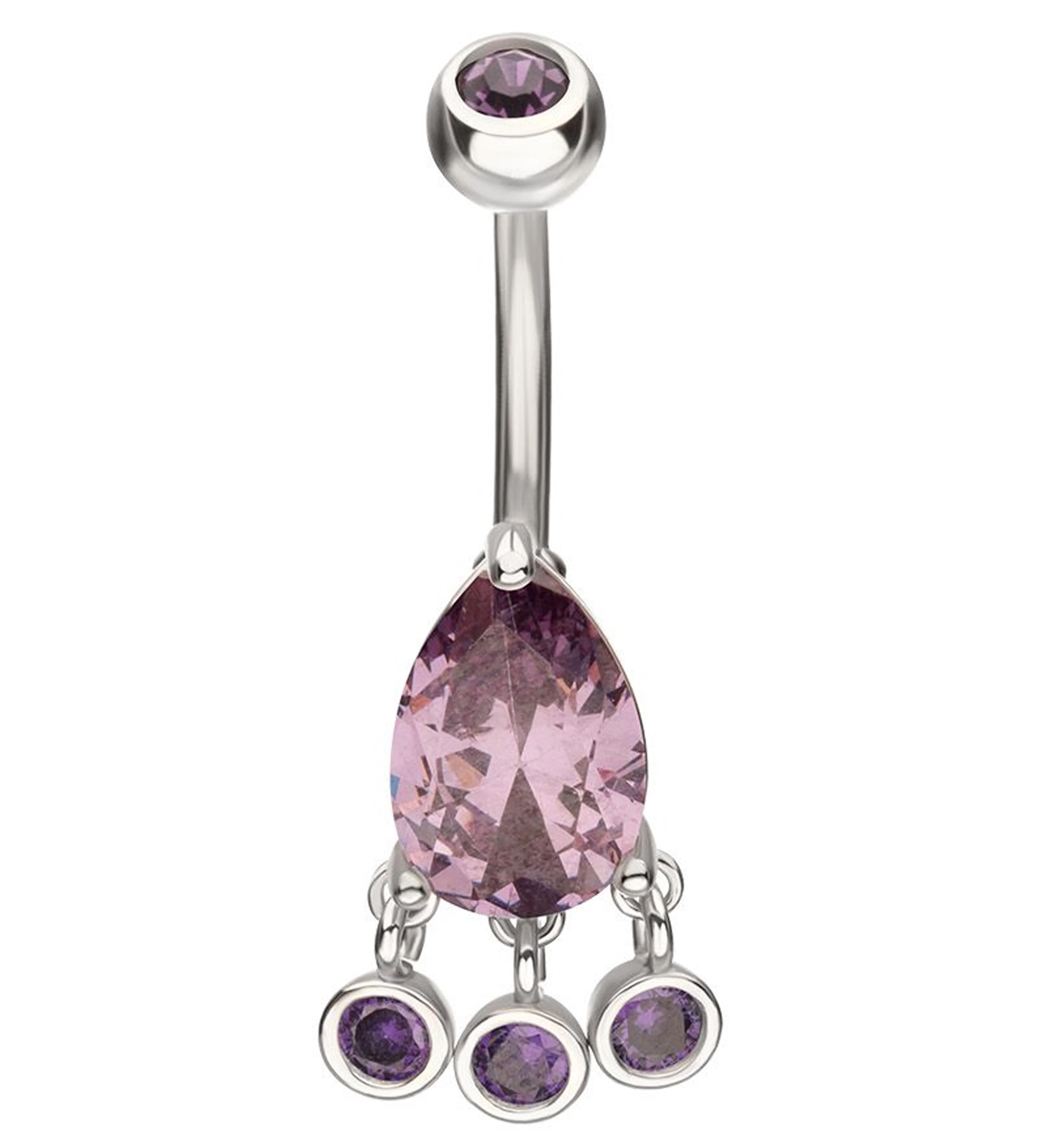 Teardrop Amethyst CZ Triple Bezel Dangle Stainless Steel Belly Button Ring - Mrs Treak