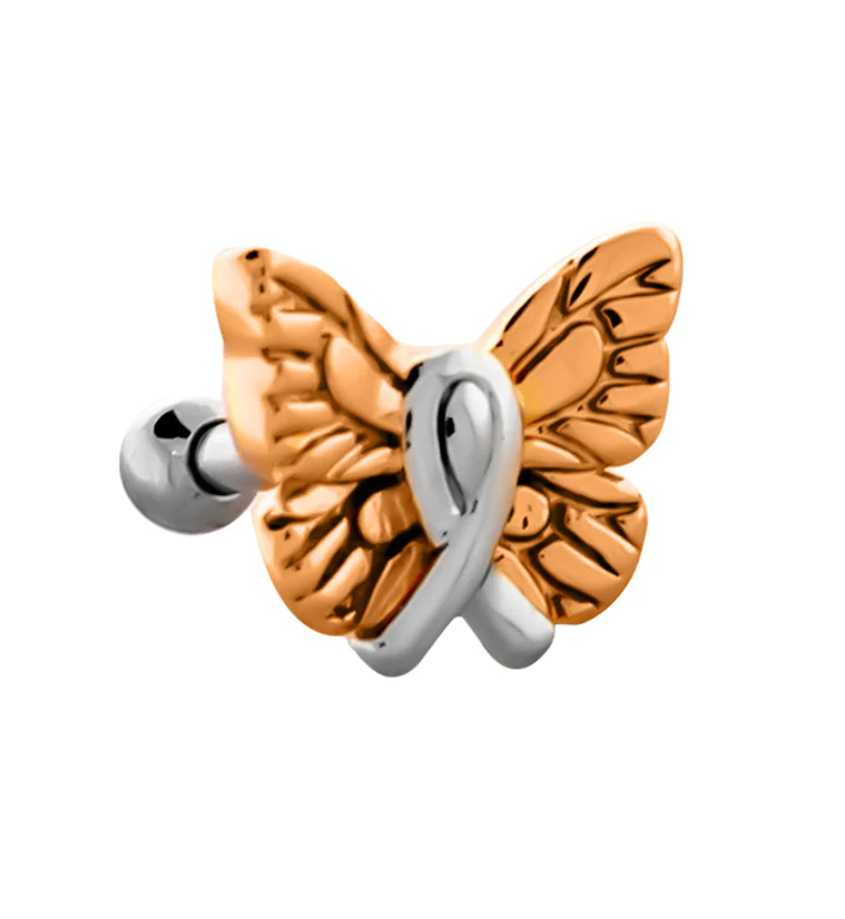 Rose Gold PVD Butterfly Breast Cancer Ribbon Cartilage Barbell - Mrs Treak