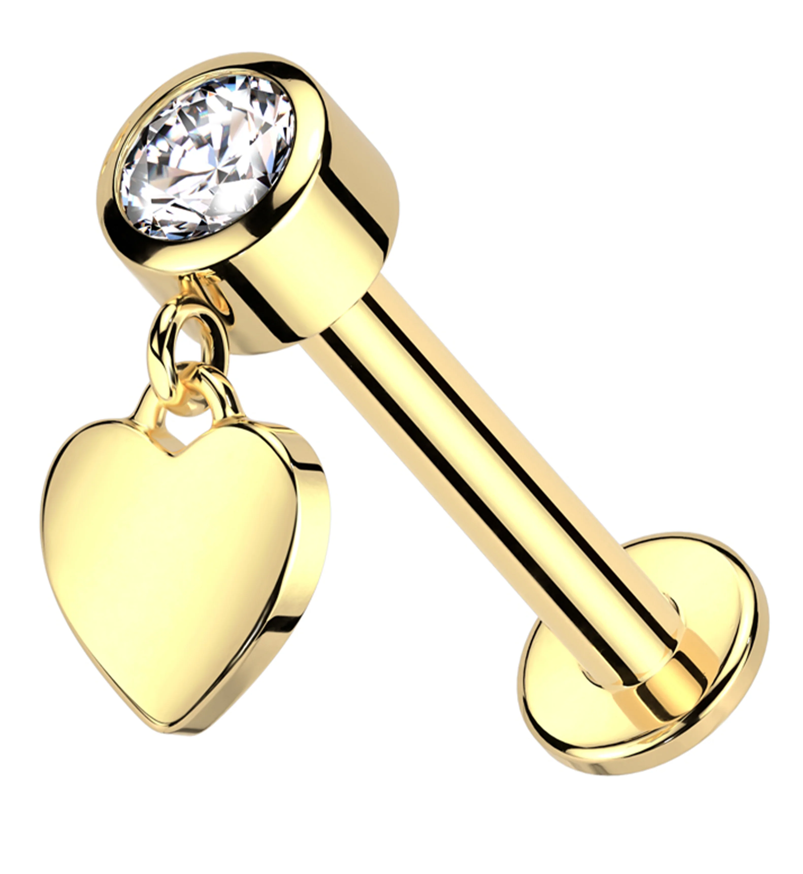 14kt Gold Dangle Heart Clear CZ Internally Threaded Labret - Mrs Treak