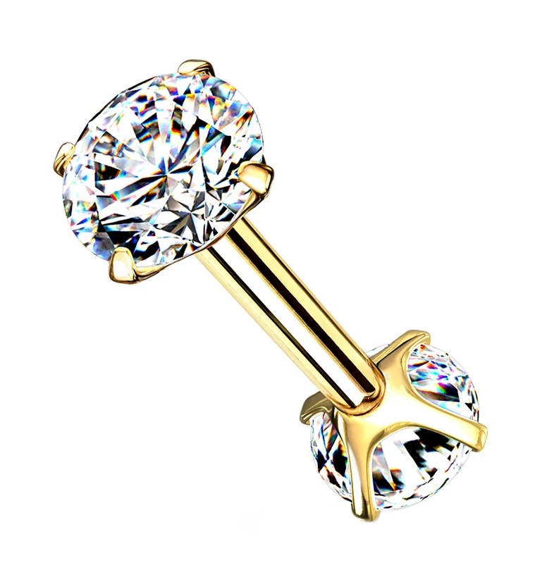 Gold PVD Double Round CZ Prong Set Stainless Steel Barbell - Mrs Treak