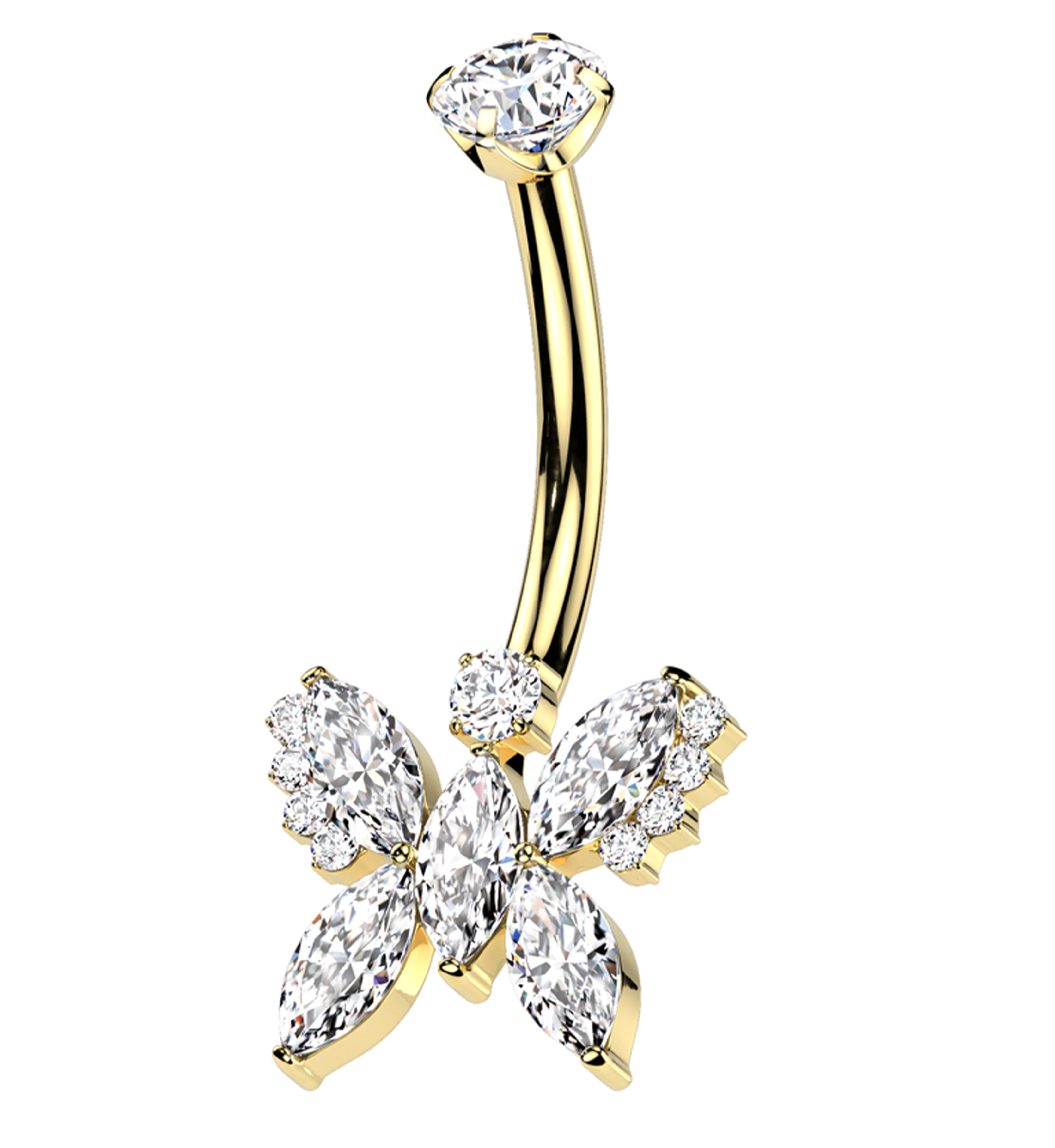 Gold PVD Marquise Butterfly Clear CZ Titanium Internally Threaded Belly Button Ring - Mrs Treak