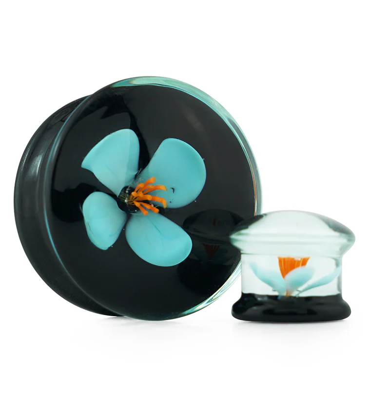 Blue Poppy Flower Black Glass Double Flare Plugs - Mrs Treak