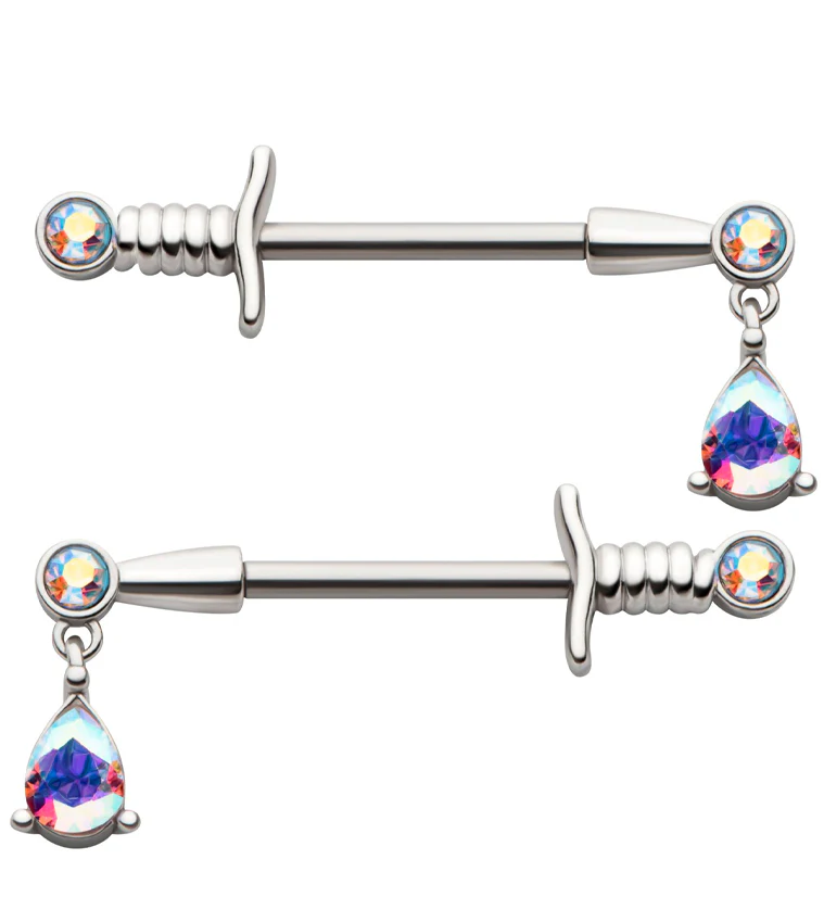 Teardrop Rainbow Aurora CZ Dagger Stainless Steel Nipple Barbell - Mrs Treak