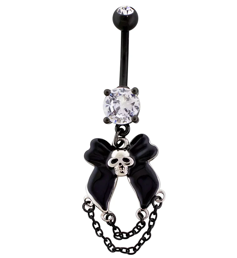 Black PVD Death Bow Dangle Chain Stainless Steel Belly Button Ring - Mrs Treak