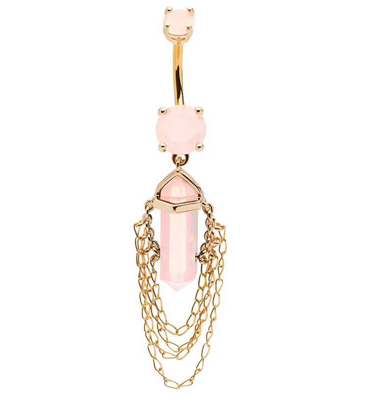 Gold PVD Pink Crystal Multi Dangle Chain Stainless Steel Belly Button Ring - Mrs Treak