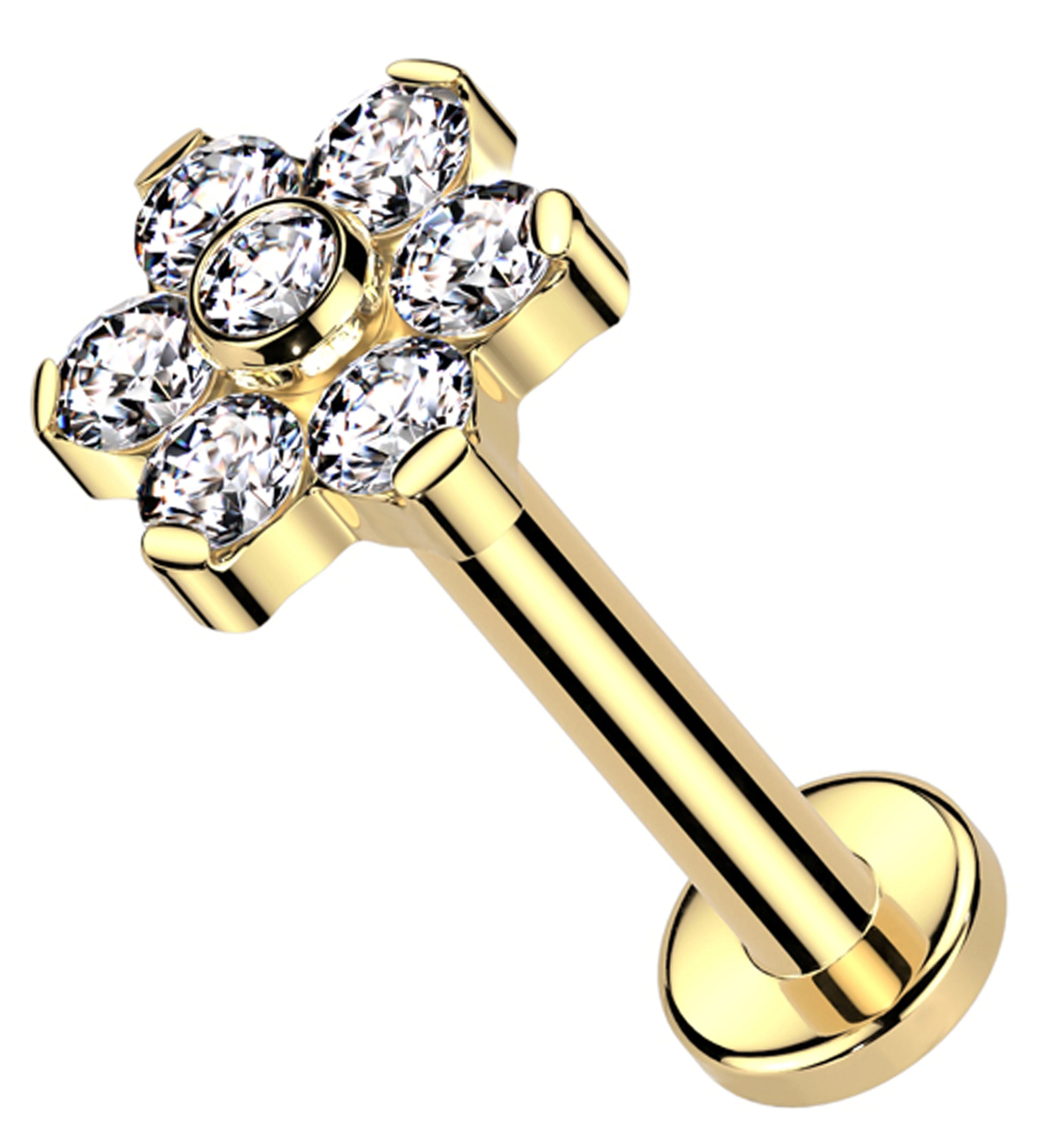 Gold PVD Flower Clear CZ Flat Back Titanium Threadless Labret - Mrs Treak