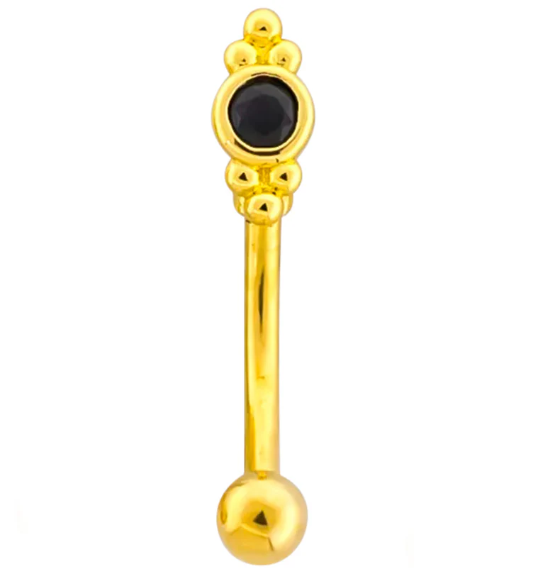 Gold PVD Beaded Black CZ Stainless Steel Curved Barbell - Mrs Treak