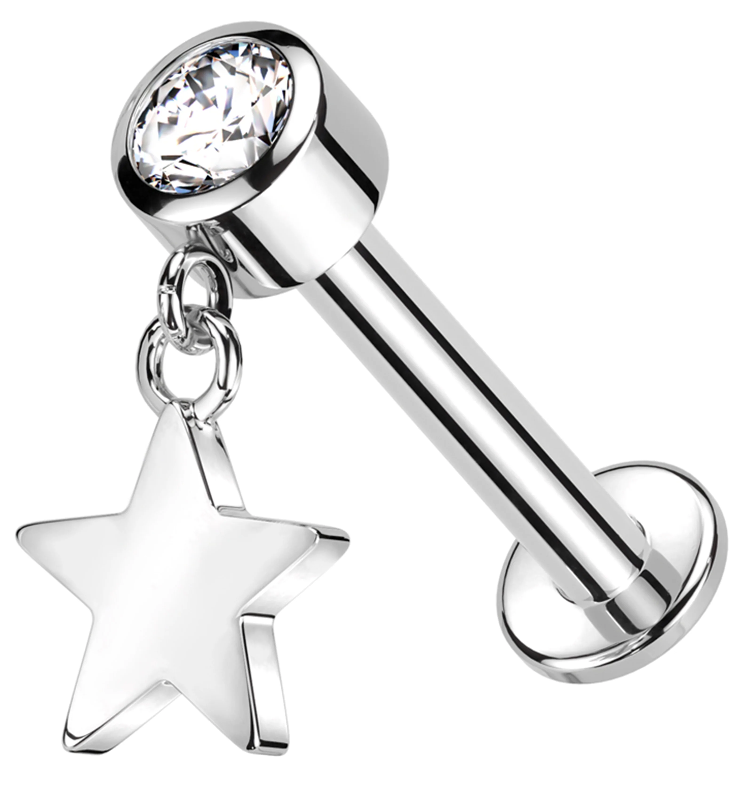 14kt White Gold Dangle Star Clear CZ Internally Threaded Labret - Mrs Treak