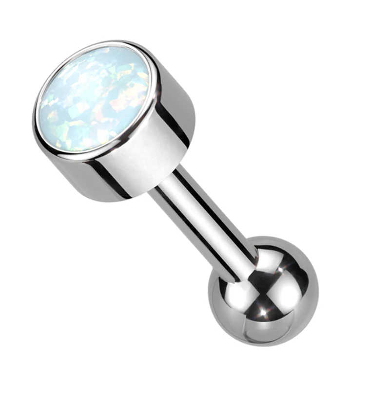 Bezel White Opalite Titanium Threadless Cartilage Barbell - Mrs Treak
