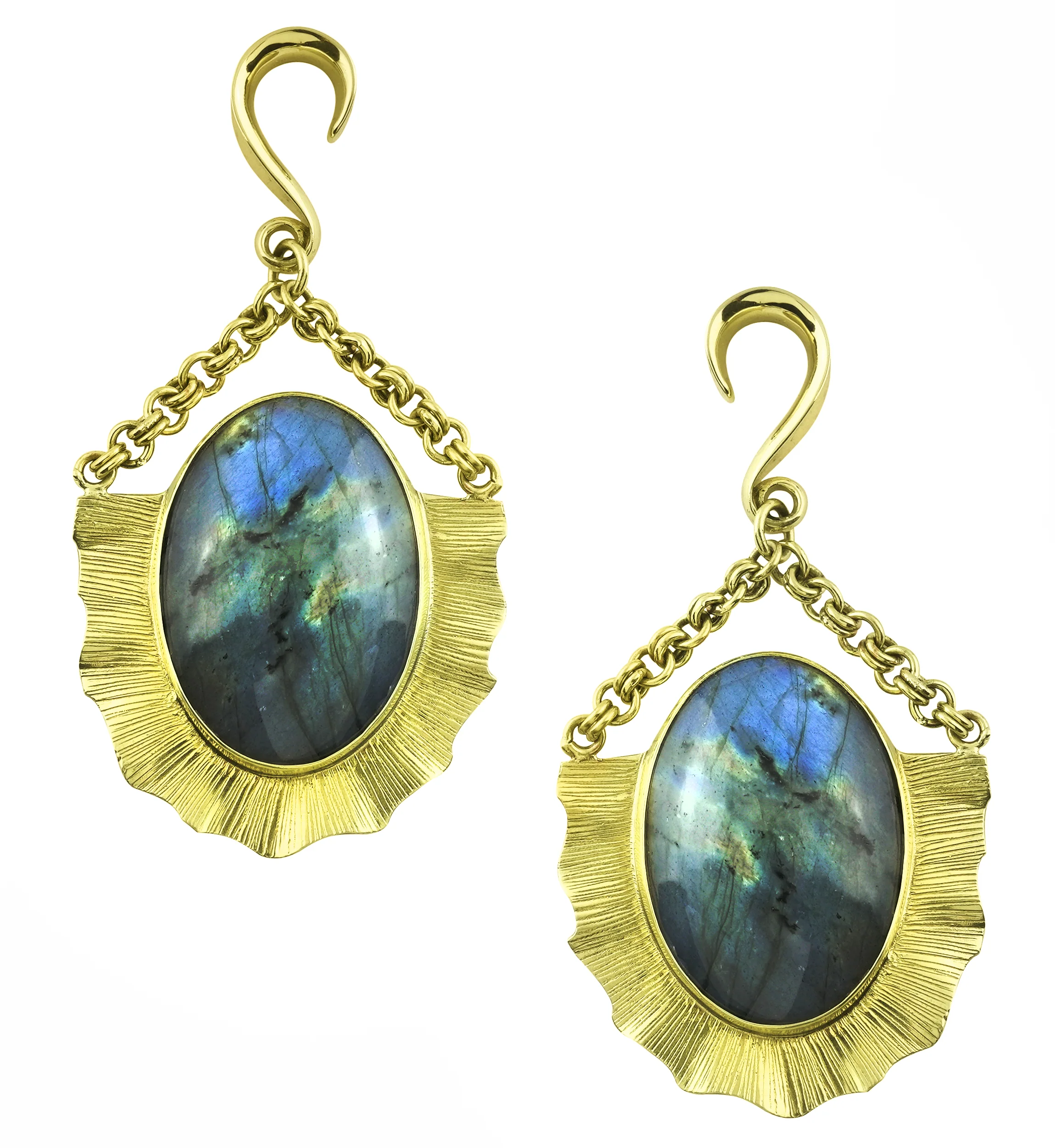 Oval Score Labradorite Stone Hanging Brass Ear Weights - Mrs Treak