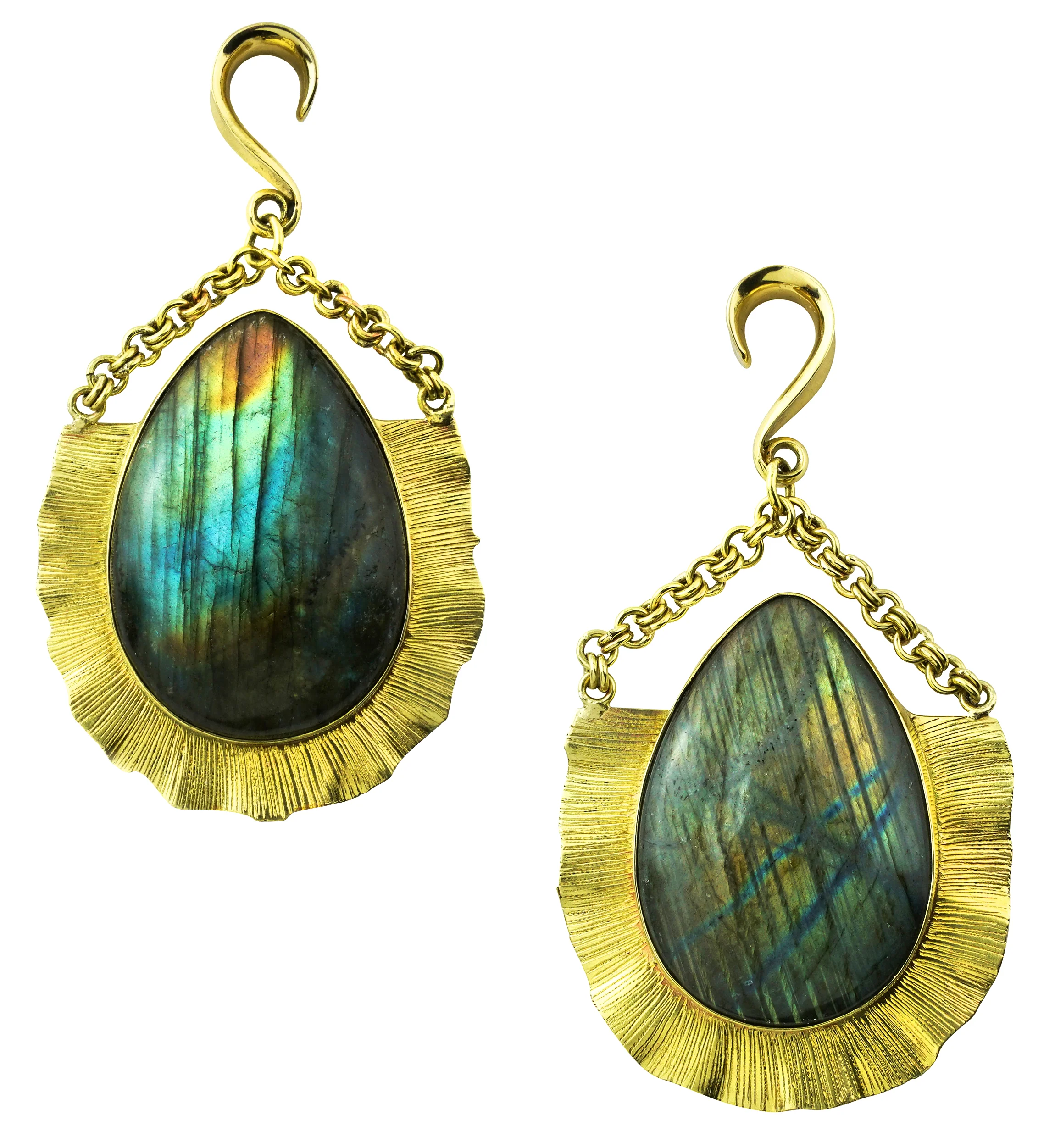Teardrop Score Labradorite Stone Hanging Brass Ear Weights - Mrs Treak