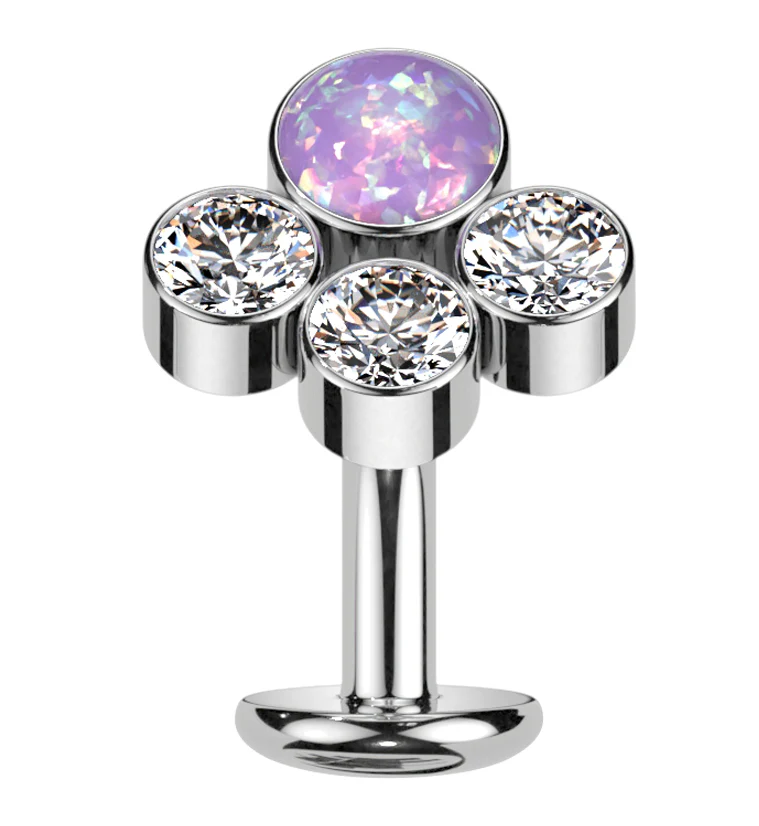Quad Cluster Purple Opalite Pink CZ Titanium Threadless Floating Belly Button Ring (Convex Disk) - Mrs Treak