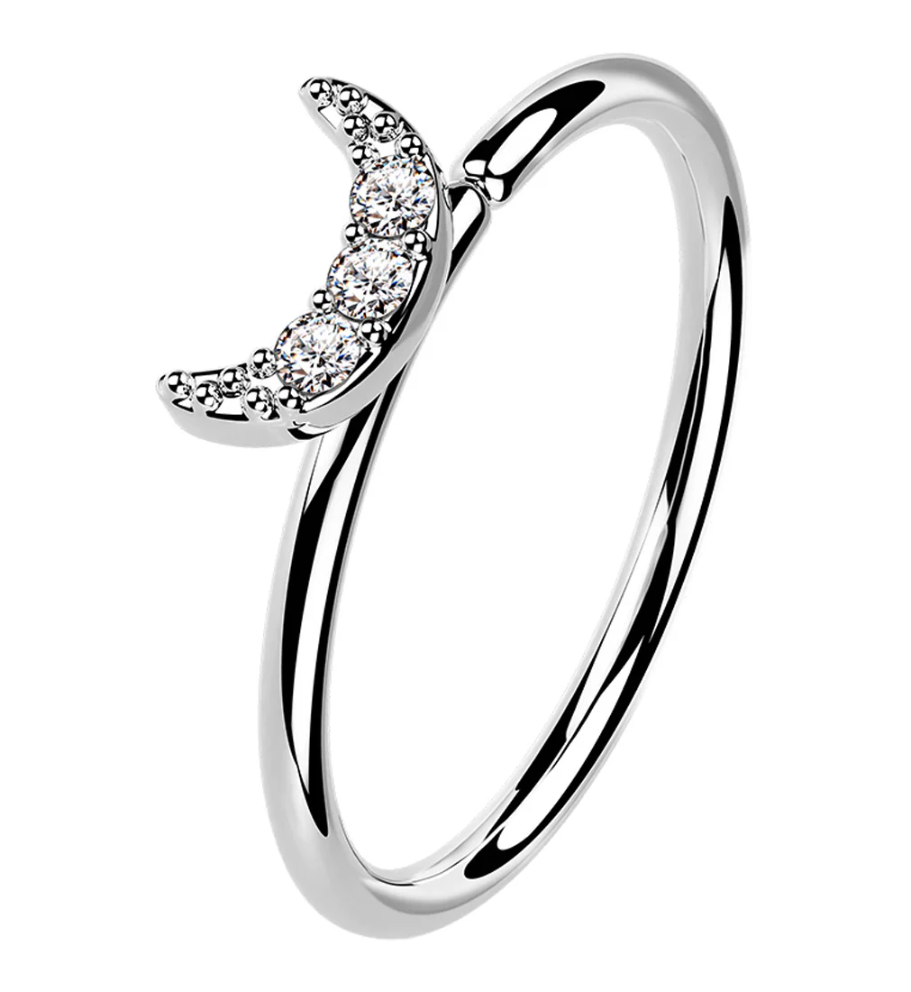 14kt White Gold Half Moon Clear CZ Hoop Ring - Mrs Treak
