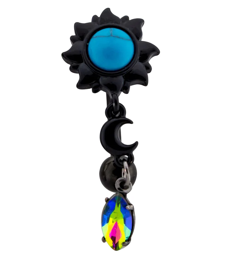 Black PVD Howlite Turquoise Sun Dangle Black Aurora CZ Belly Button Ring - Mrs Treak
