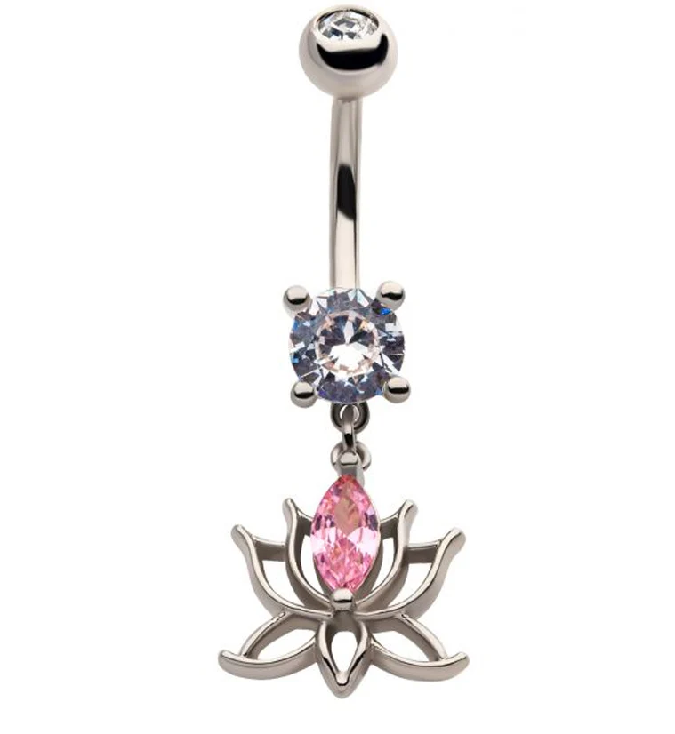 Lotus Flower Pink CZ Belly Button Ring - Mrs Treak