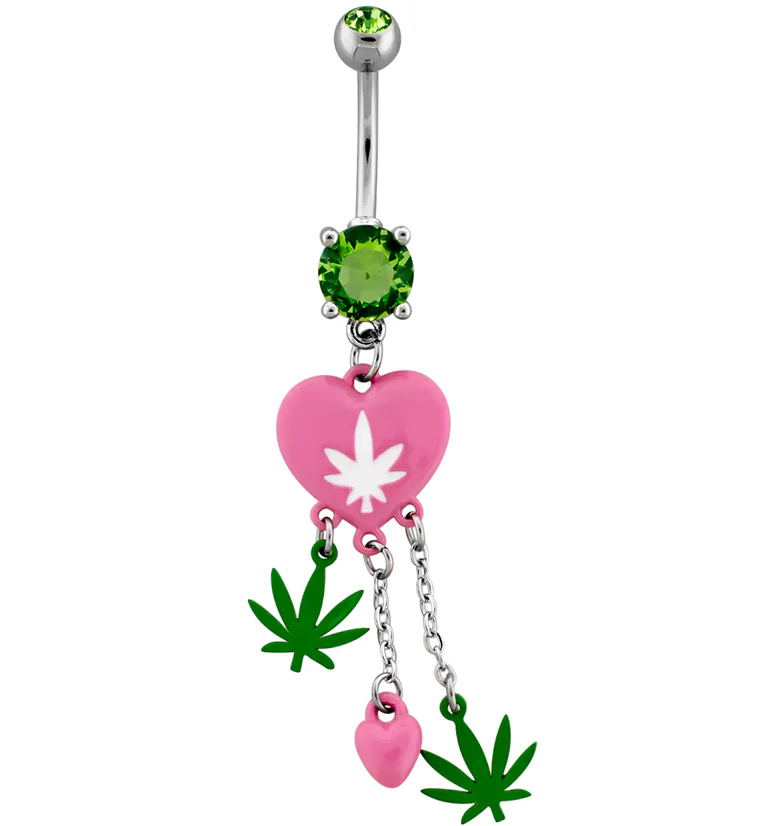 Pink Cannabis Leaf Heart Dangle Stainless Steel Belly Button Ring - Mrs Treak