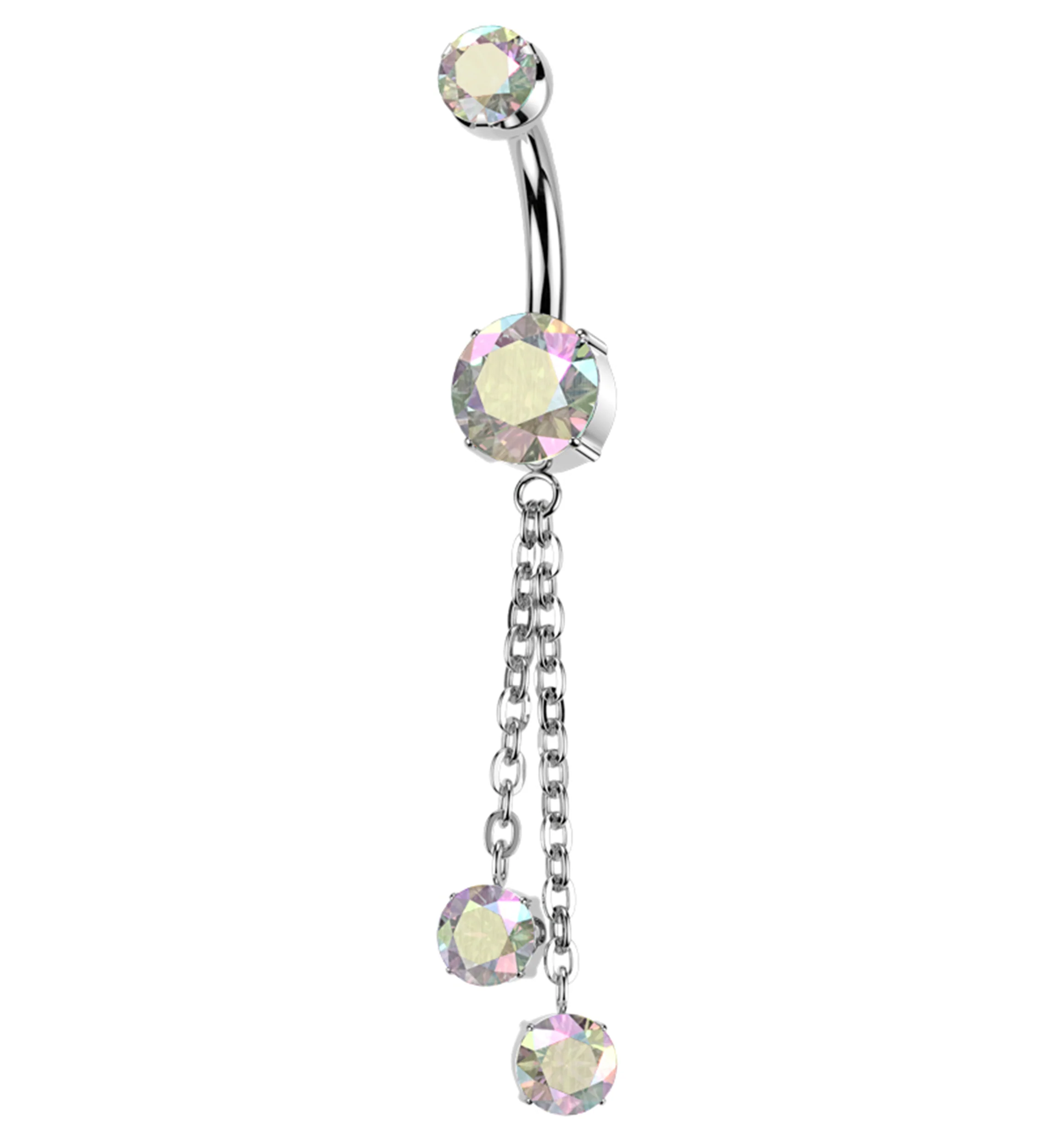 Prong Rainbow Aurora CZ Double Dangle Chain Titanium Internally Threaded Belly Button Ring - Mrs Treak
