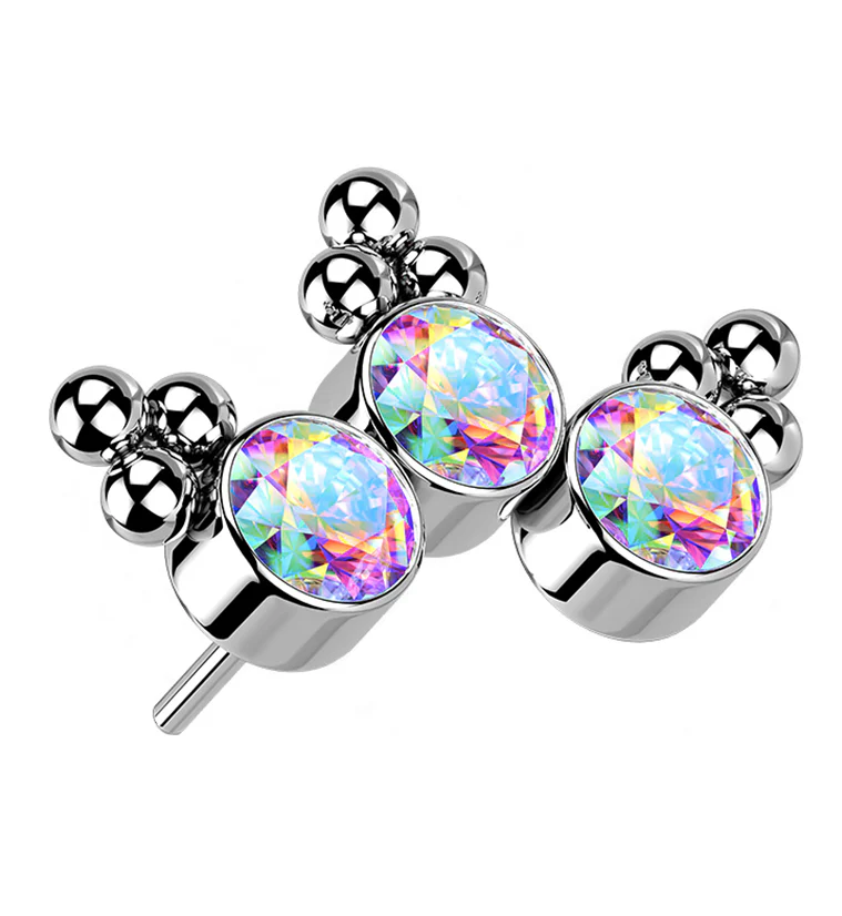 Triple Beaded Rainbow Aurora CZ Curve Titanium Threadless Top - Mrs Treak