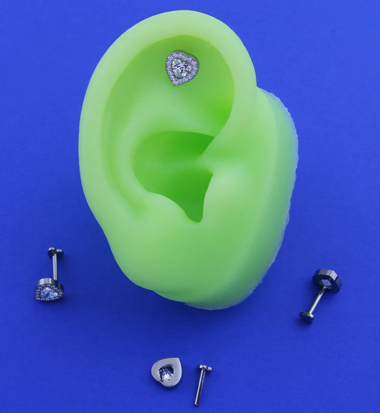Lined Heart Clear CZ Titanium Threadless Heart Back Labret - Mrs Treak