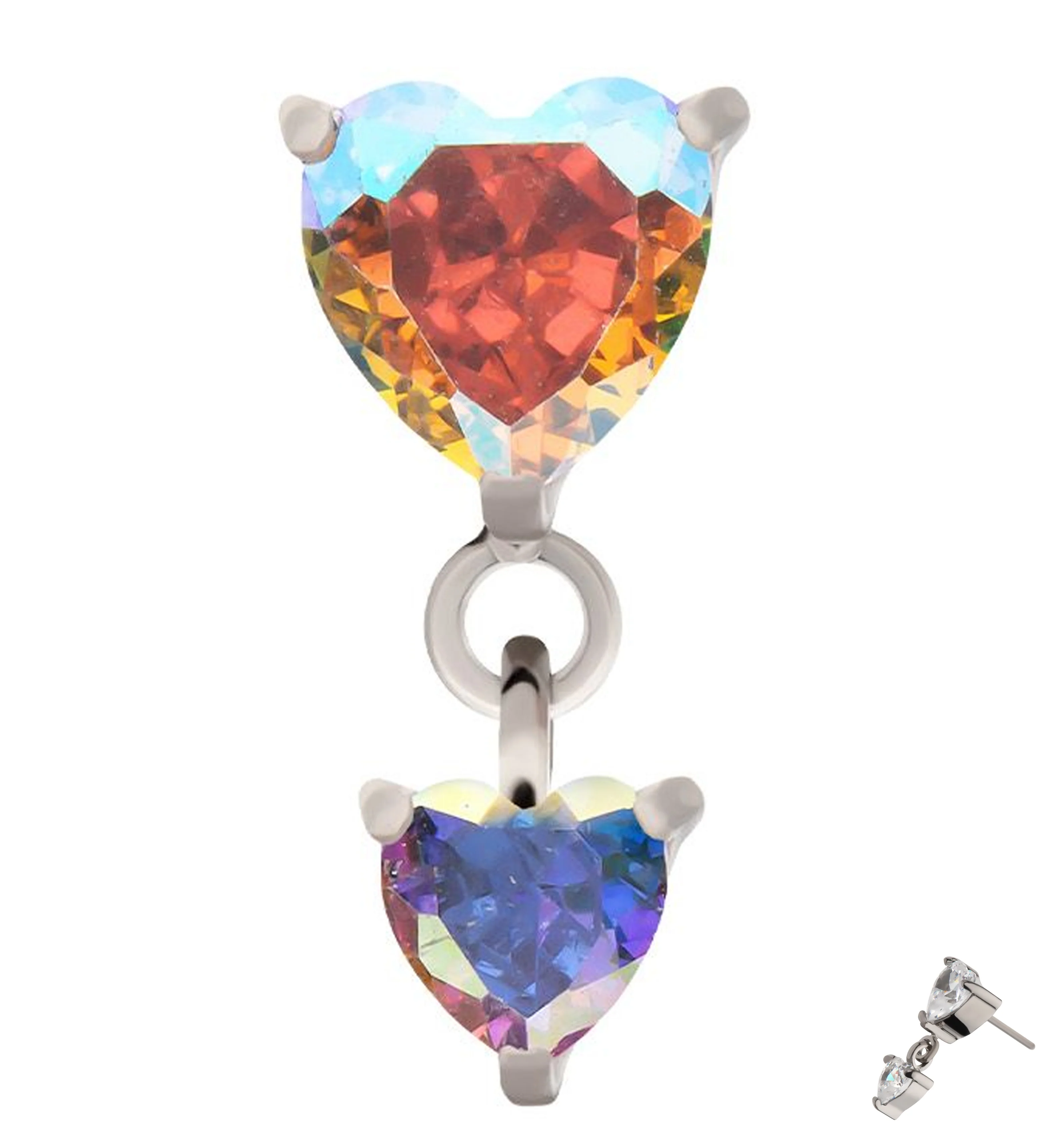 Double Heart Rainbow Aurora CZ Dangle Titanium Threadless Top - Mrs Treak
