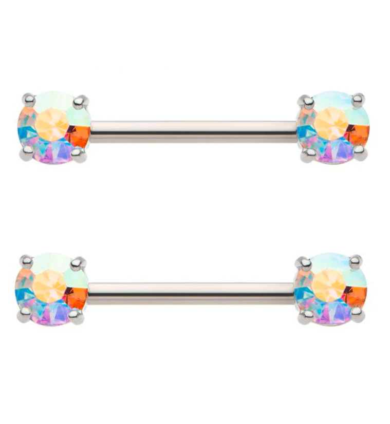Rainbow Aurora Prong CZ Stainless Steel Nipple Barbell - Mrs Treak