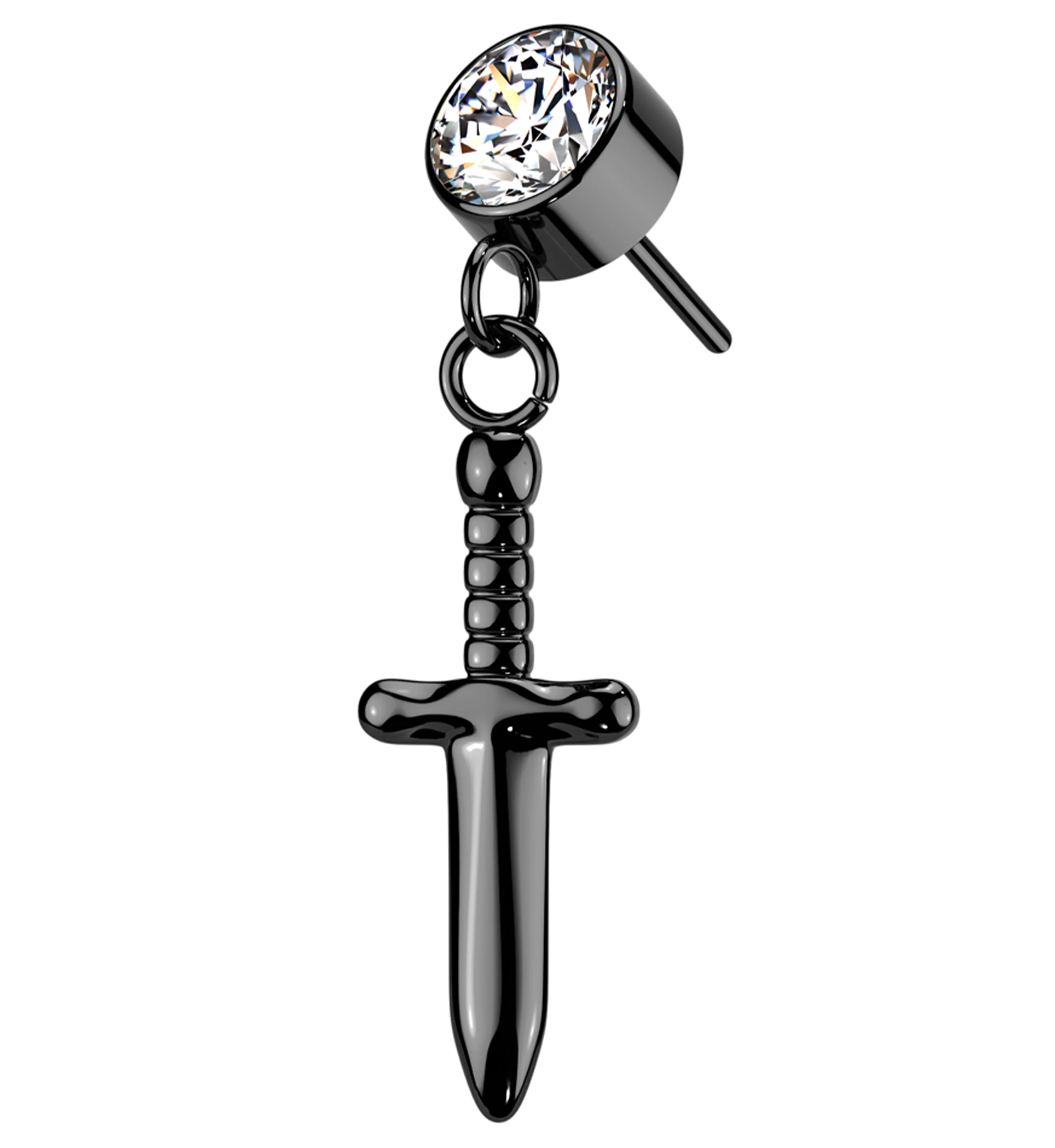 Black PVD Twisted Dagger Dangle Clear CZ Titanium Threadless Top - Mrs Treak