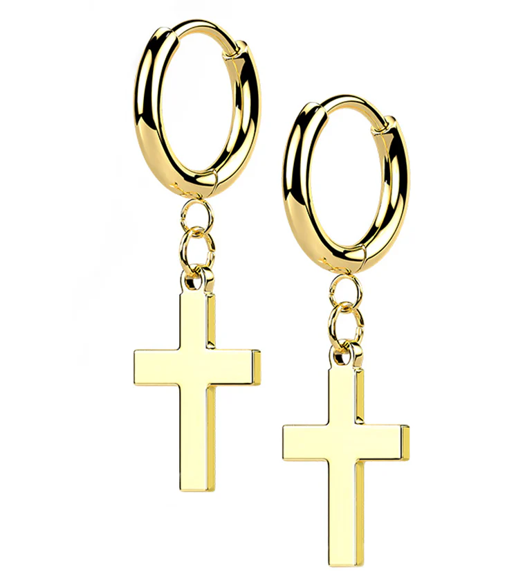 Gold PVD Cross Stainless Steel Hinged Earrings - Mrs Treak