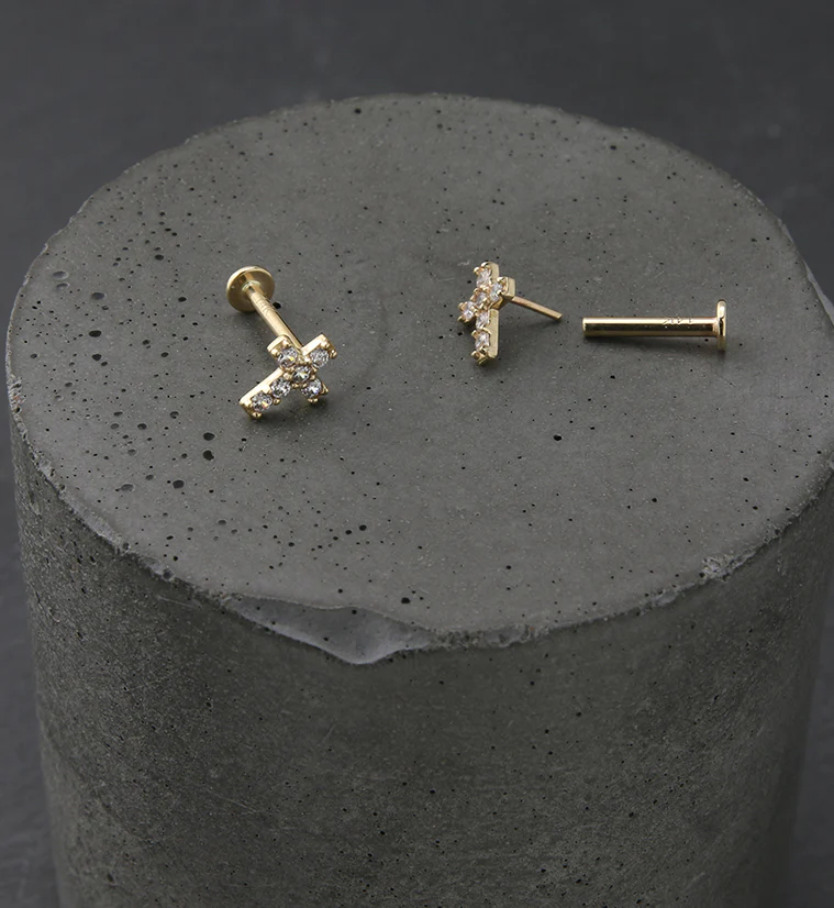 14kt Gold Cross CZ Threadless Labret - Mrs Treak