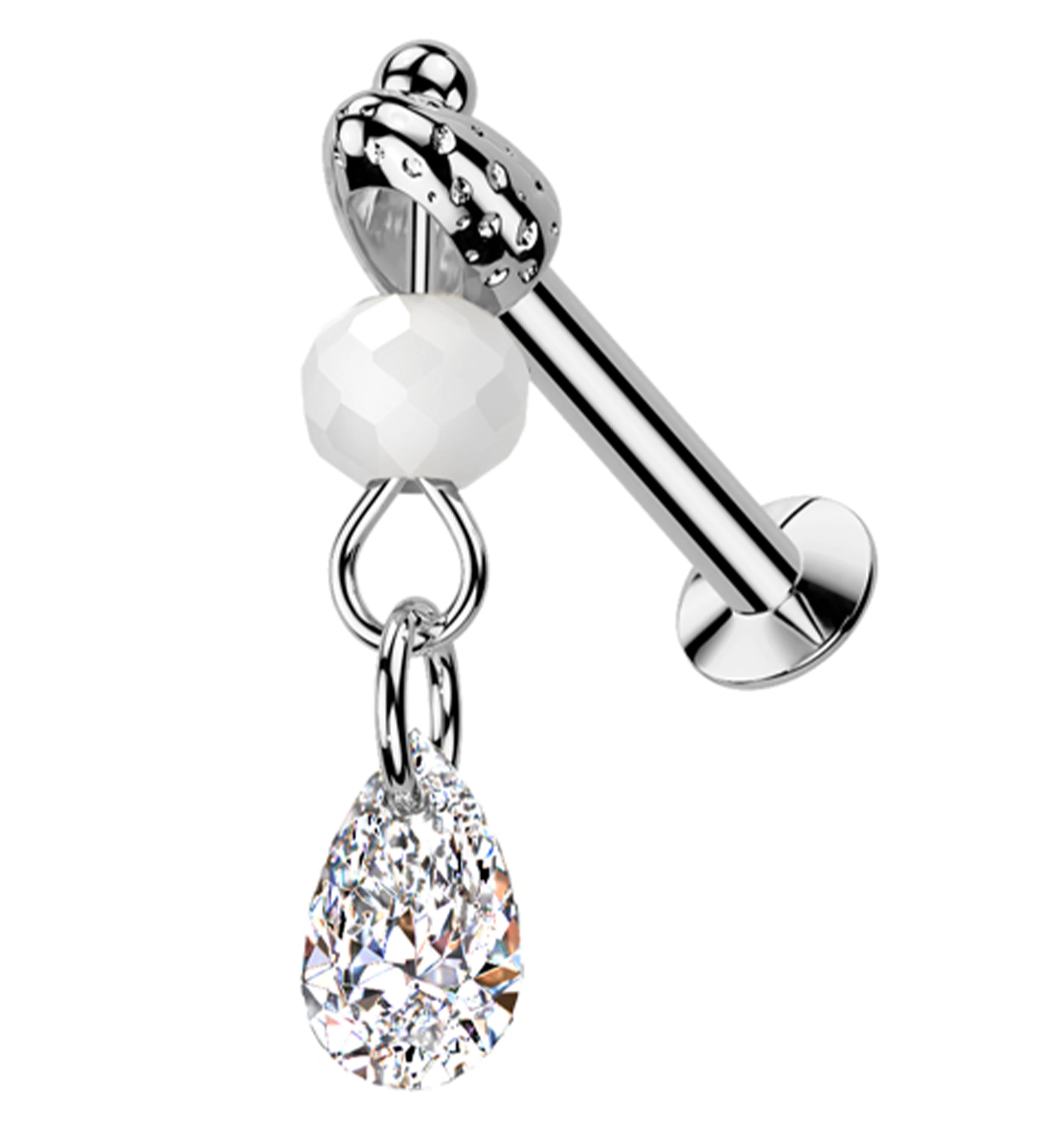Faceted Bead Teardrop CZ Dangle Stainless Steel Convex Disc Threadless Labret - Mrs Treak