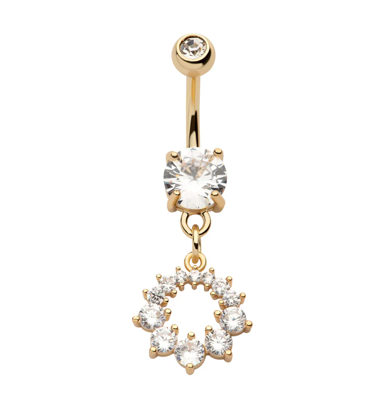 Gold PVD Wreath CZ Dangle Stainless Steel Belly Button Ring - Mrs Treak