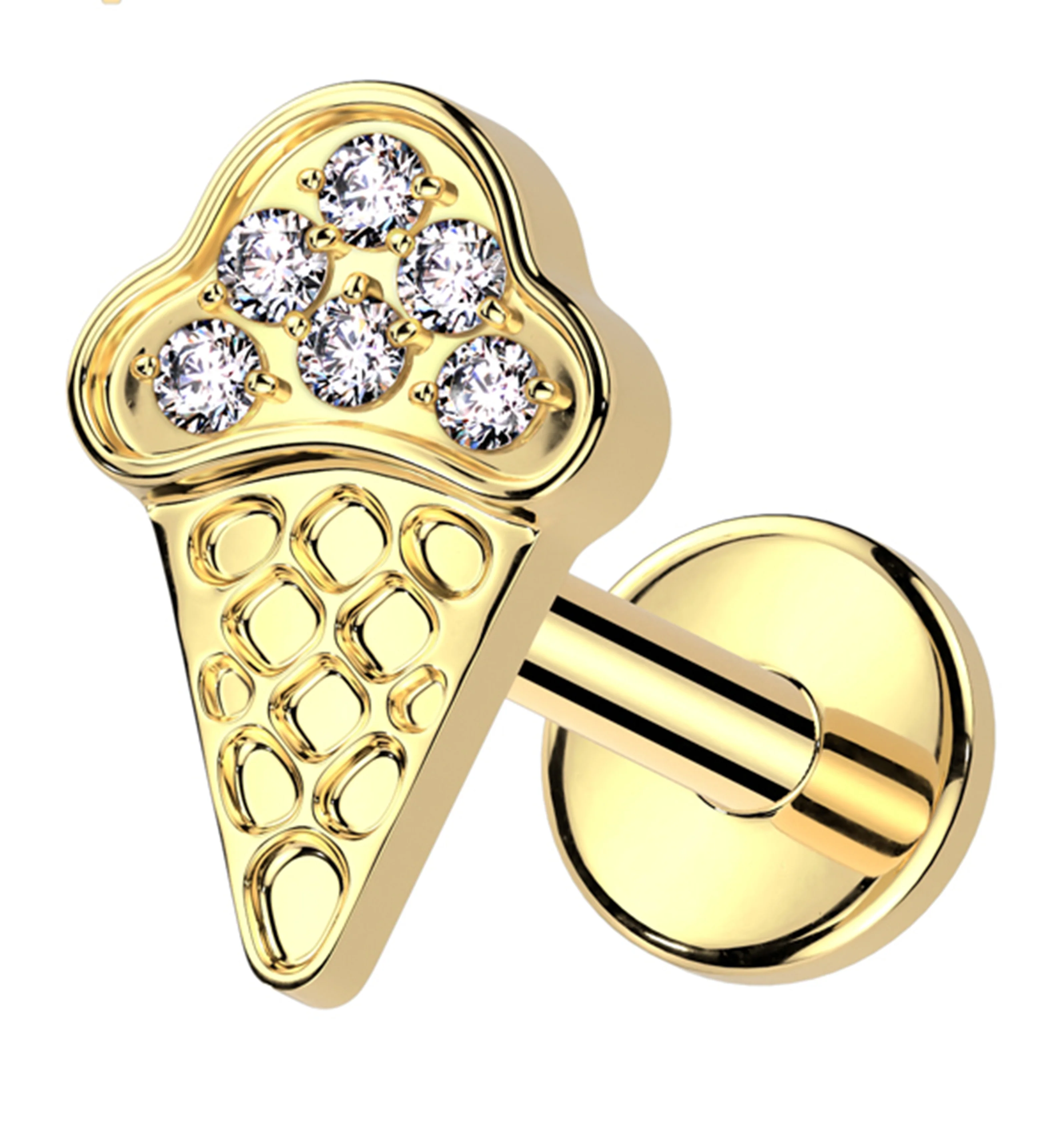 Gold PVD Ice Cream Cone Clear CZ Internally Threaded Titanium Labret Post - Mrs Treak