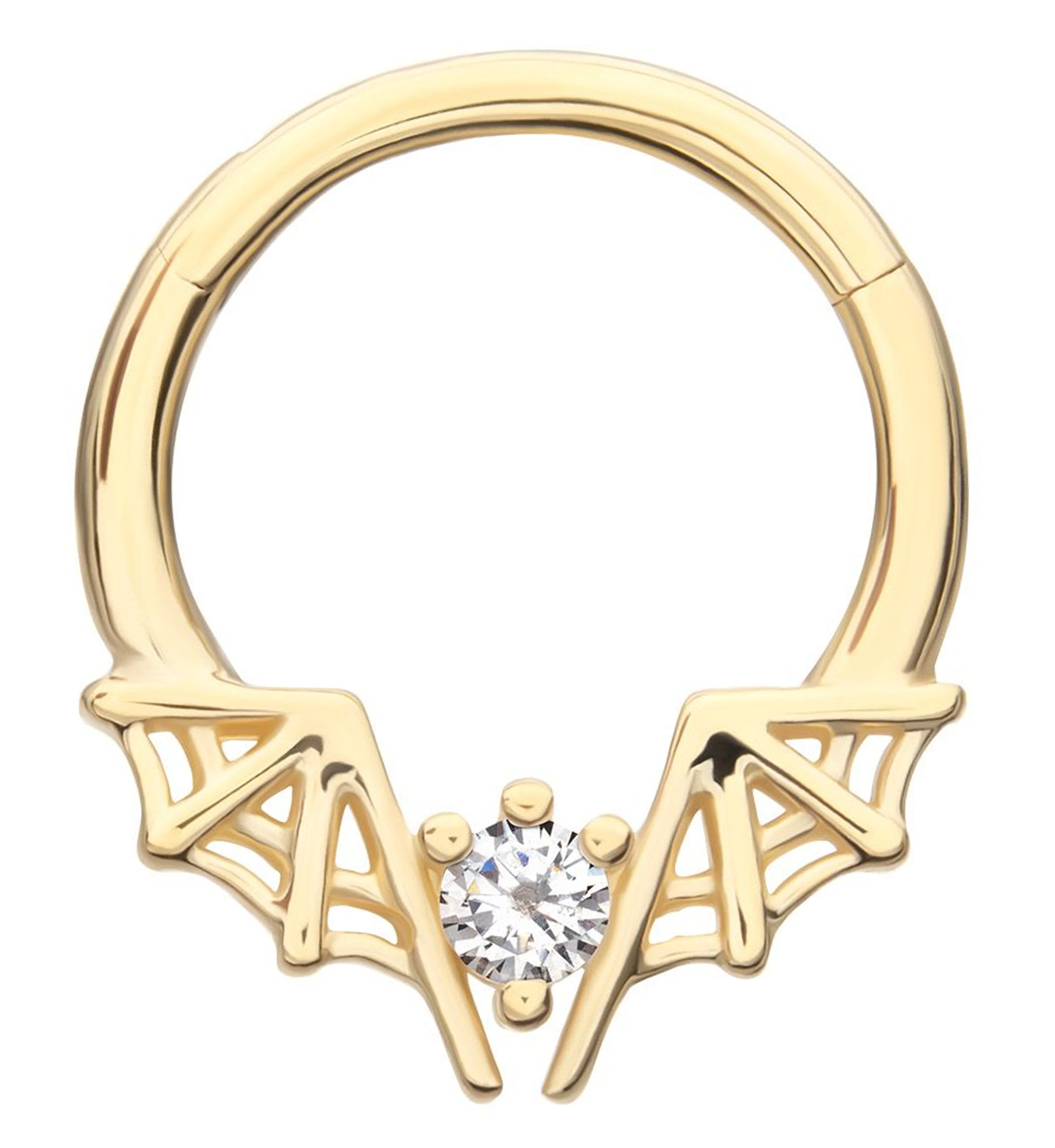 14kt Gold Spiderweb Bat Wings Clear CZ Hinged Segment Ring - Mrs Treak