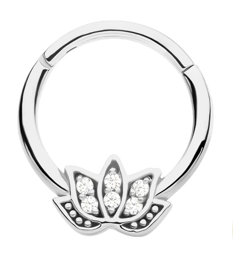Lotus Flower Clear CZ Stainless Steel Hinged Segment Ring - Mrs Treak