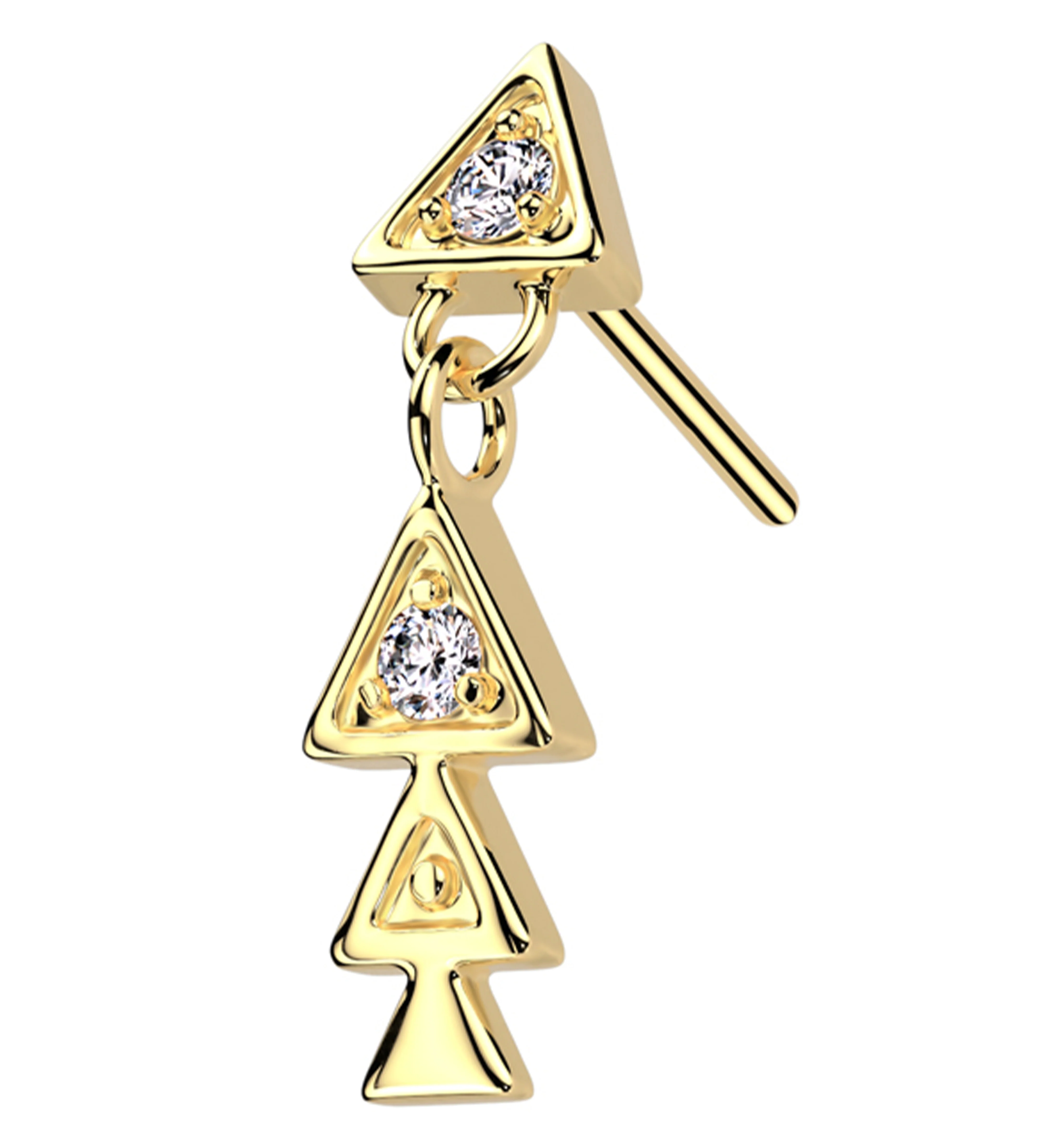14kt Gold Triple Triangle Dangle Clear CZ Threadless Top - Mrs Treak