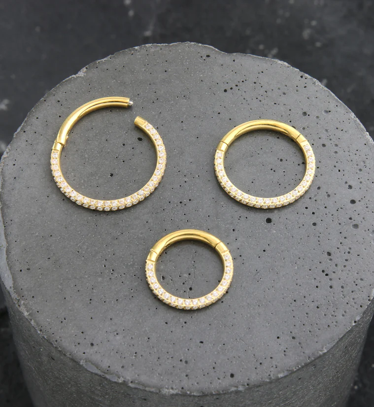 24kt Gold PVD Triple Sided Clear CZ Titanium Hinged Segment Ring - Mrs Treak