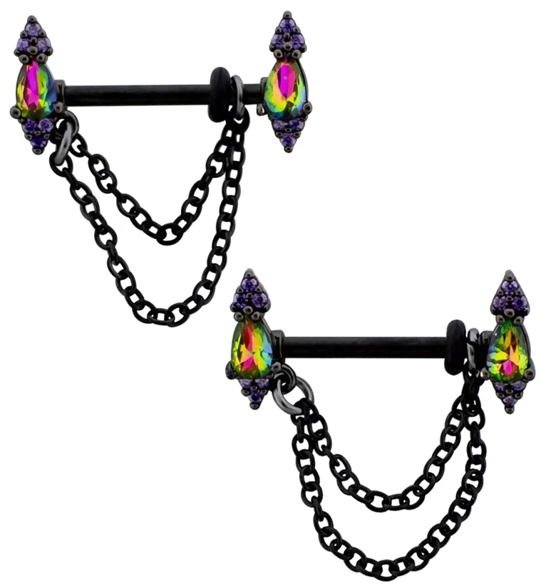 Black PVD Teardrop Black Aurora And Purple CZ Dangle Chain Stainless Steel Nipple Barbell - Mrs Treak