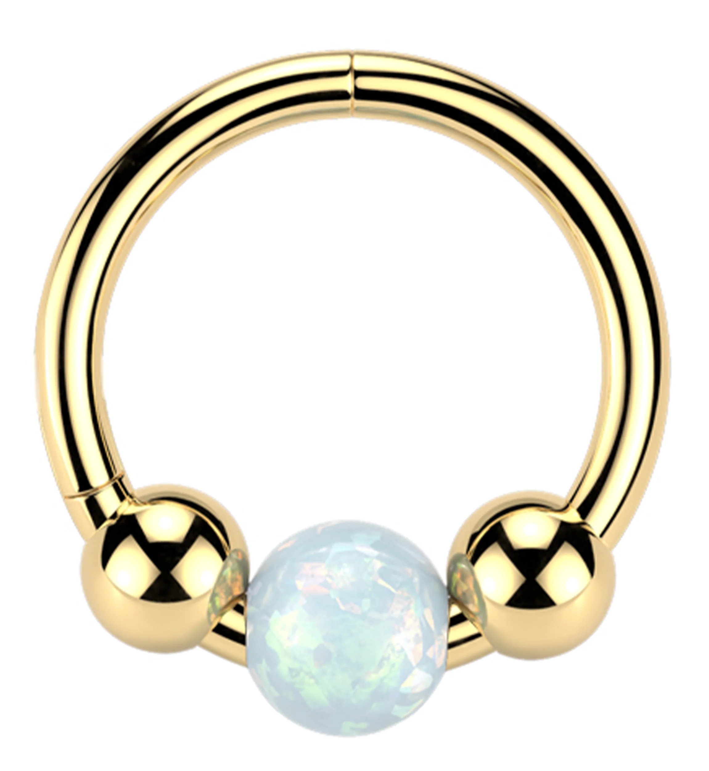 Gold PVD Triple Ball White Opalite Stainless Steel Hinged Segment Ring - Mrs Treak