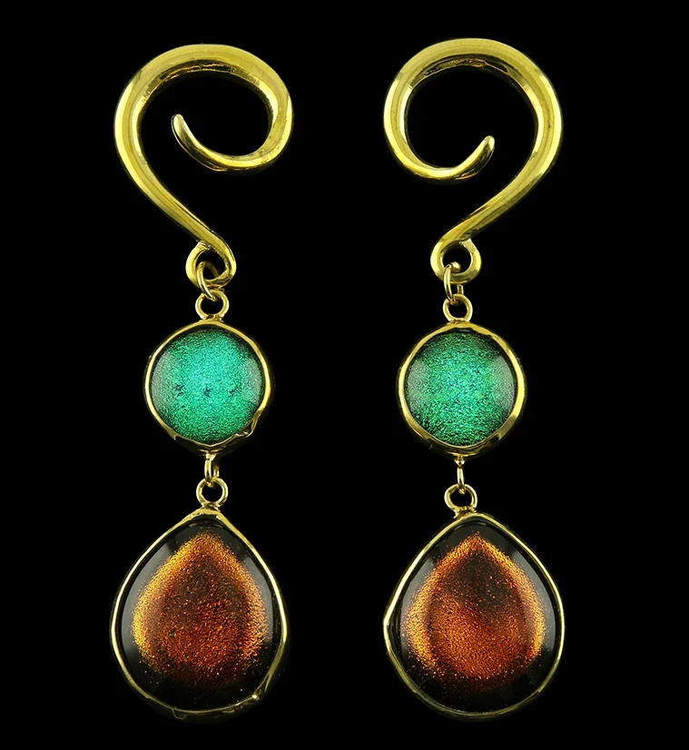 Retro Double Teardrop Dichroic Glass Brass Ear Weights - Mrs Treak