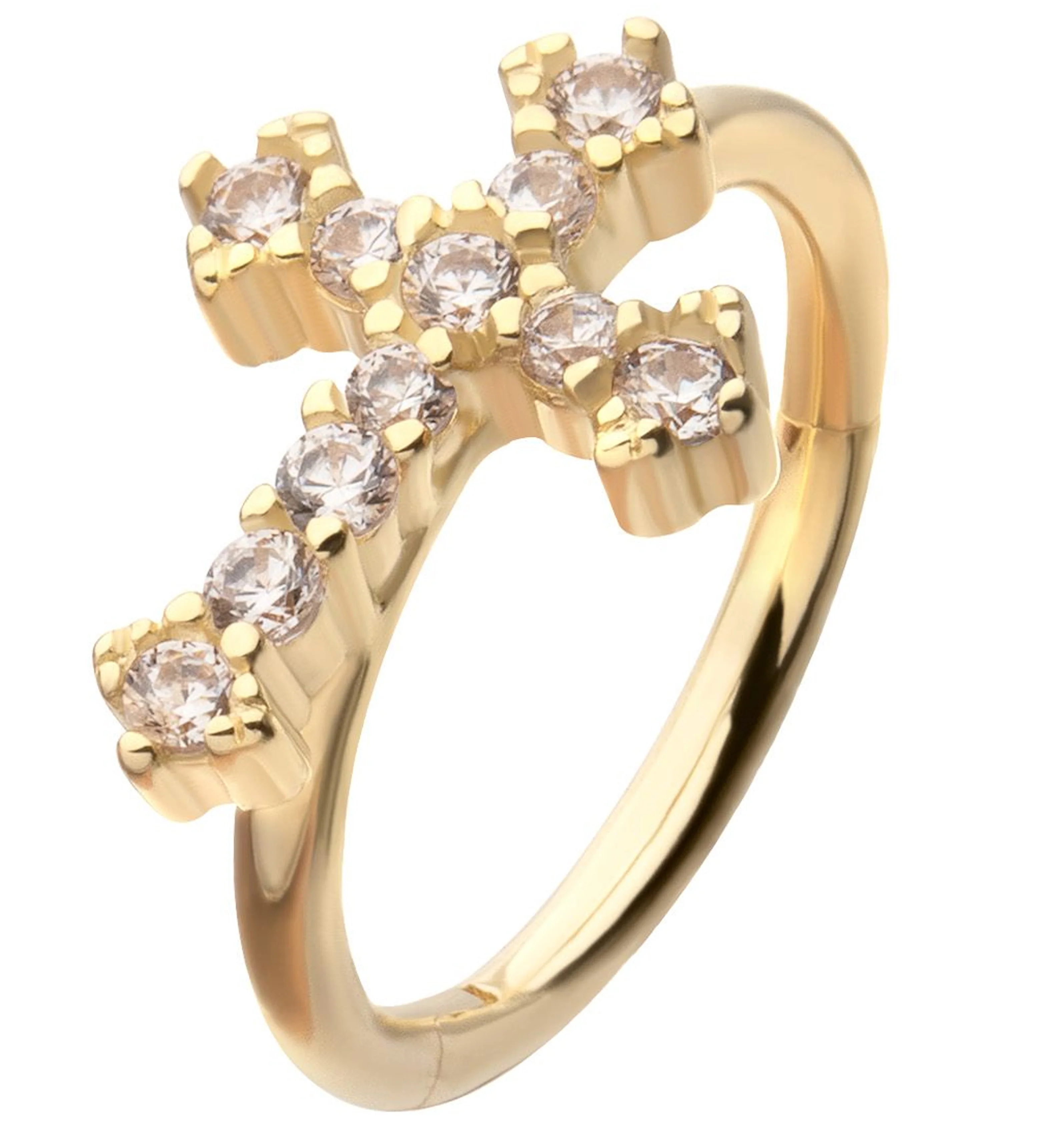 14kt Gold Baroque Cross Clear CZ Hinged Segment Ring - Mrs Treak
