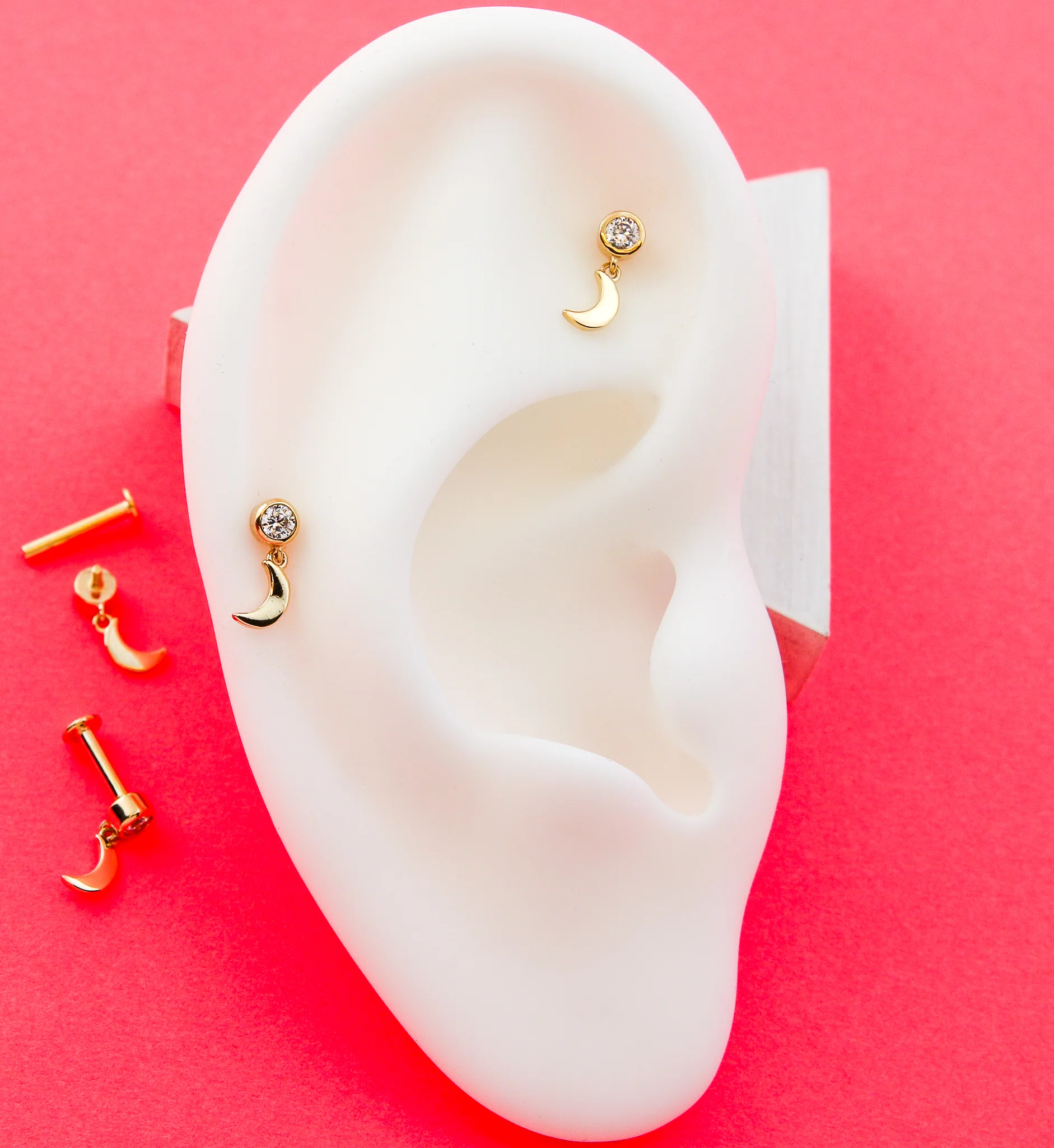 14kt Gold Dangle Half Moon Clear CZ Internally Threaded Labret - Mrs Treak