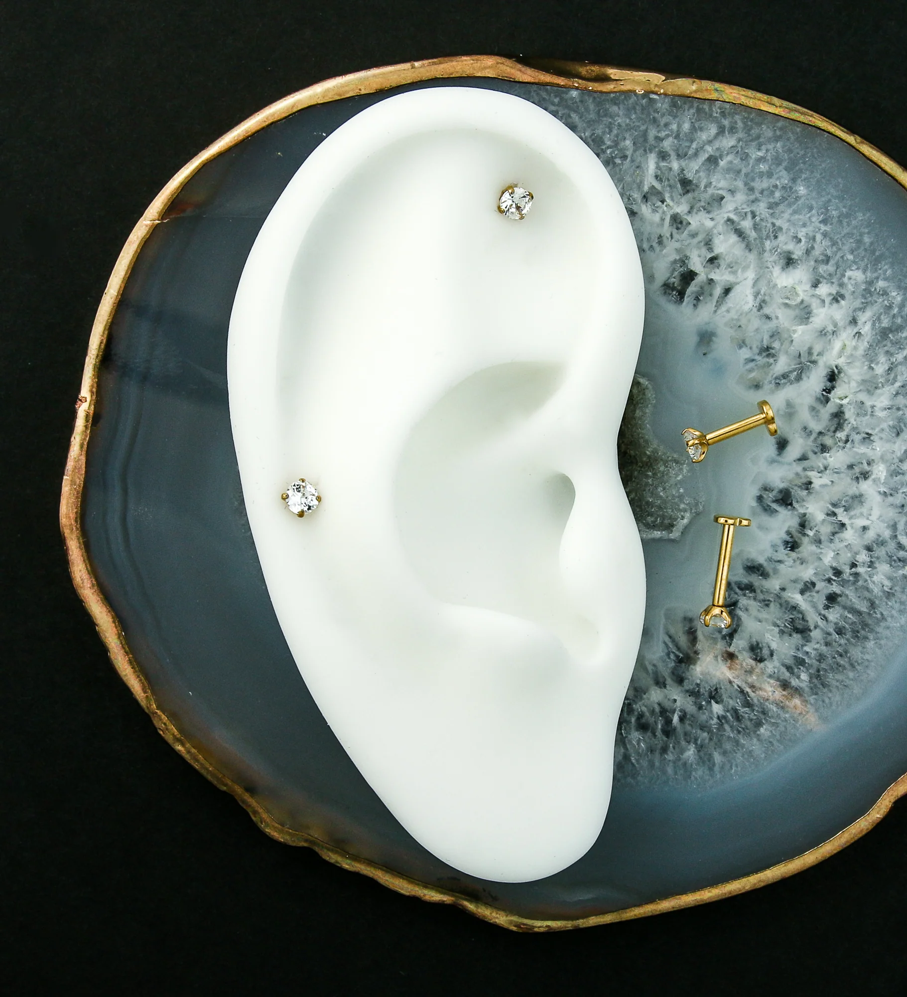 Gold PVD Prong Clear CZ Internally Threaded Titanium Heart Disk Labret - Mrs Treak