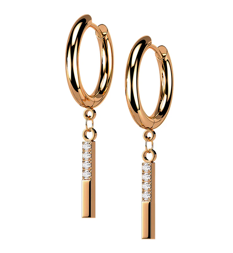 Rose Gold PVD Dangle Bar CZ Stainless Steel Hinged Earrings - Mrs Treak
