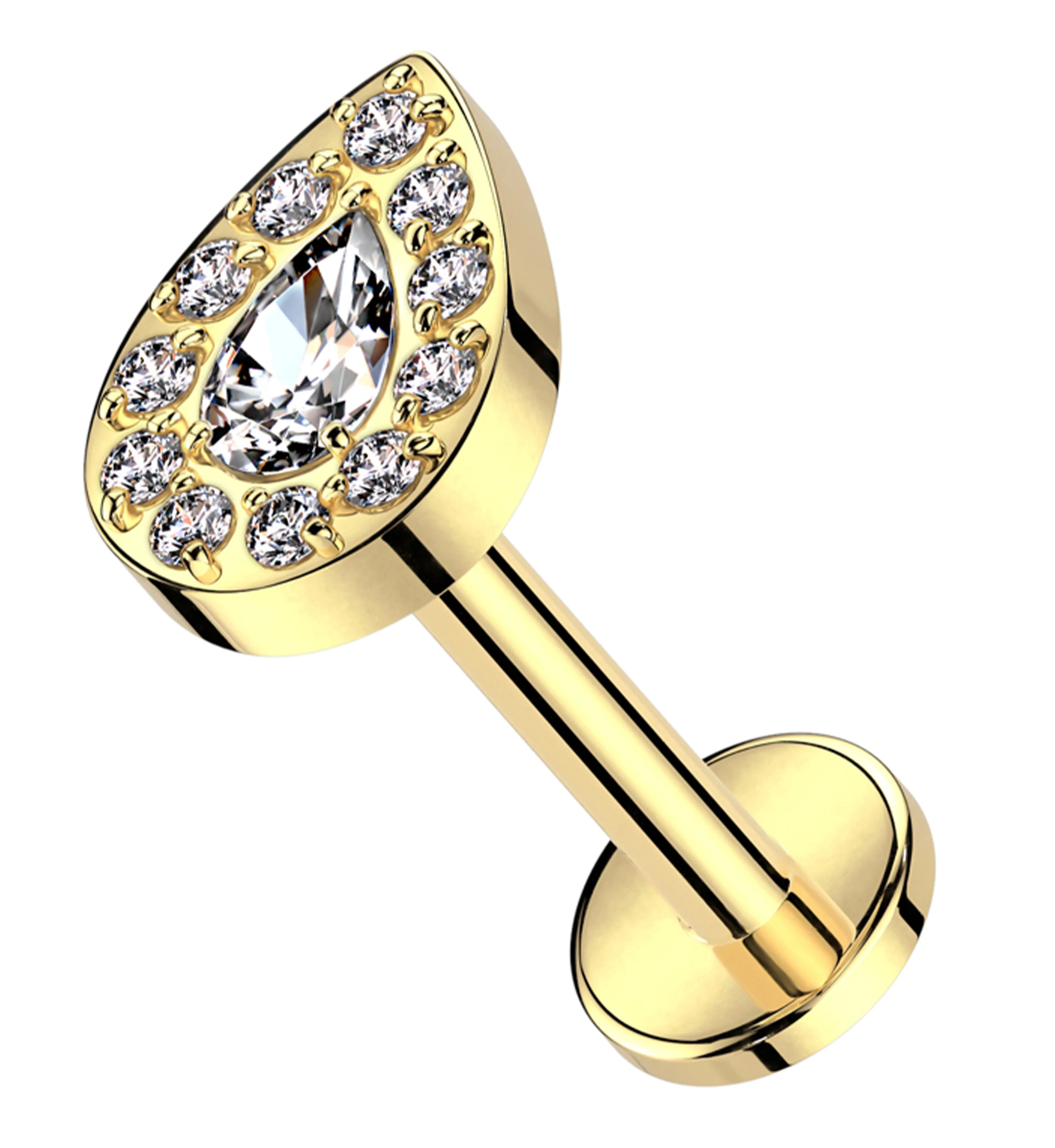 Gold PVD Teardrop Clear CZ Internally Threaded Titanium Labret - Mrs Treak
