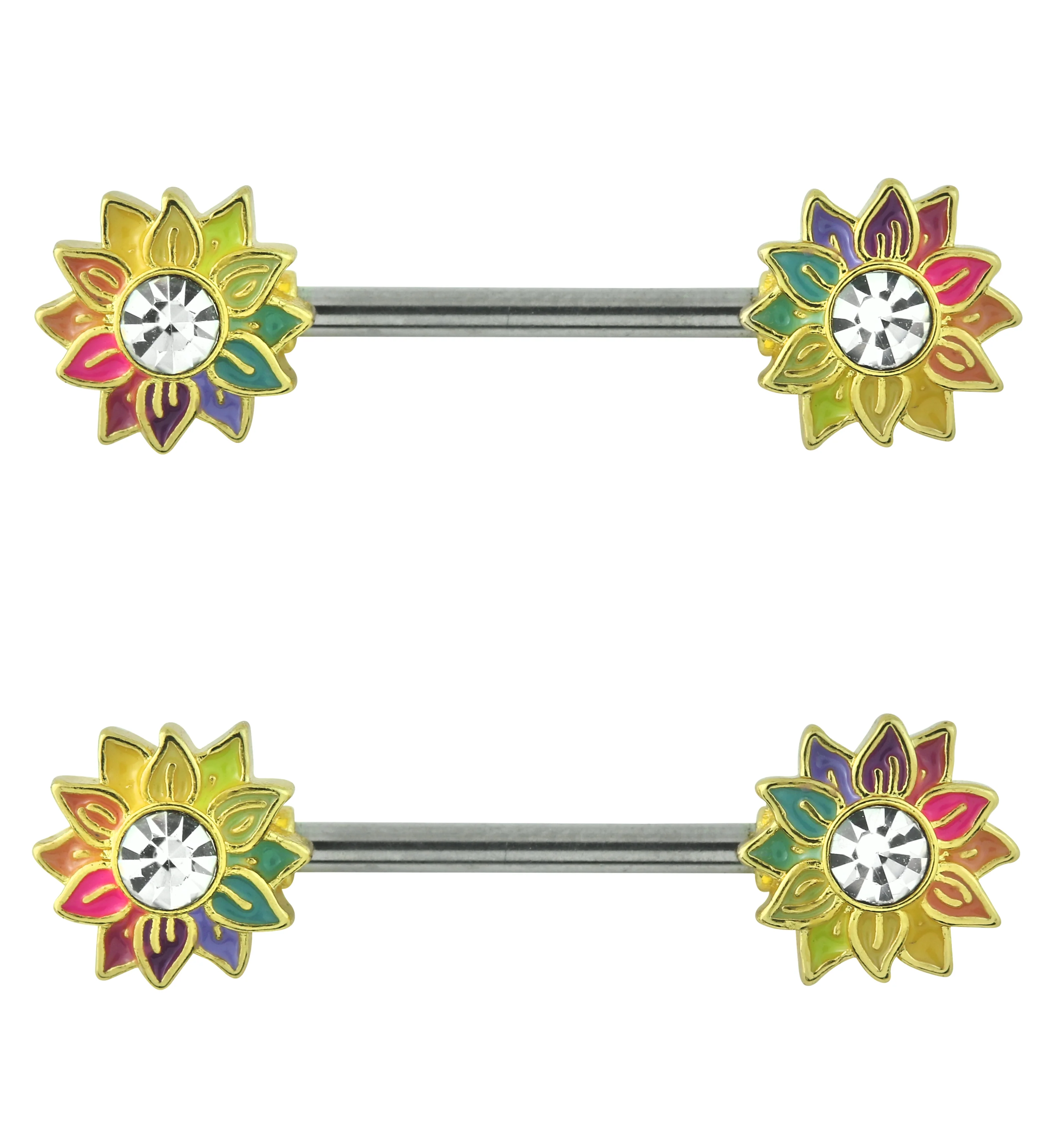 Gold PVD Rainbow Sunflower Clear CZ Stainless Steel Nipple Barbell - Mrs Treak