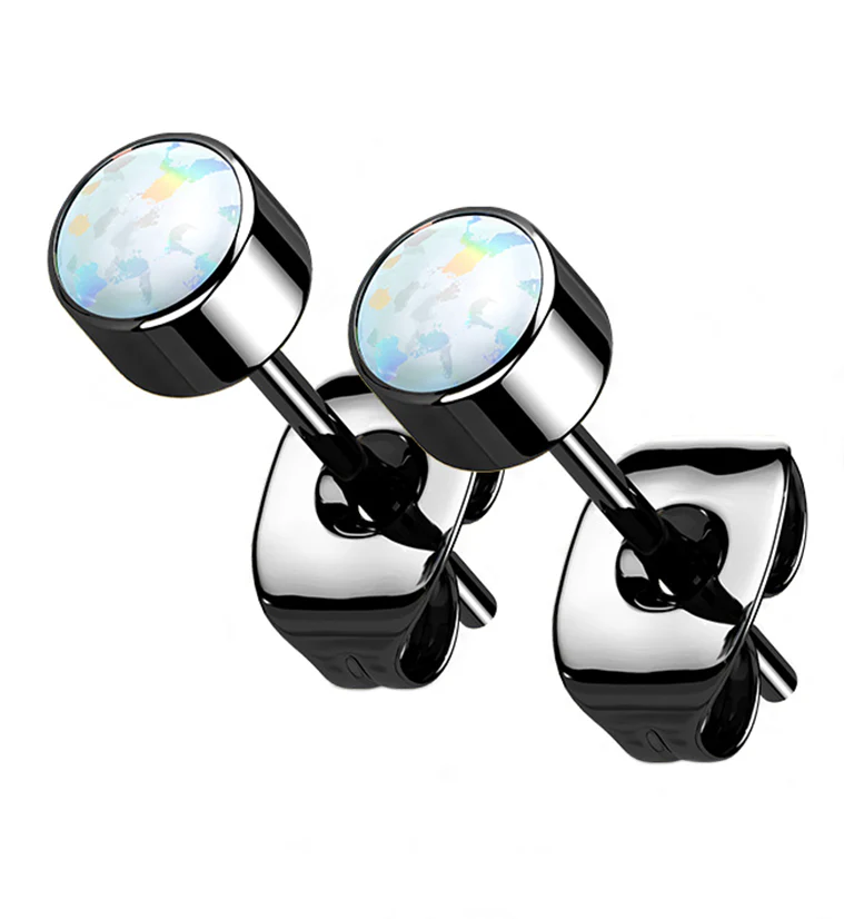 Black PVD White Opal Titanium Bezel Earrings - Mrs Treak