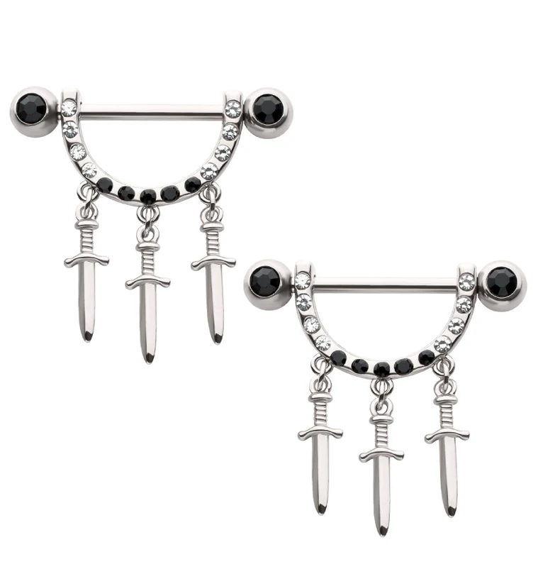 Triple Dagger Dangle Black CZ Stainless Steel Nipple Barbell - Mrs Treak