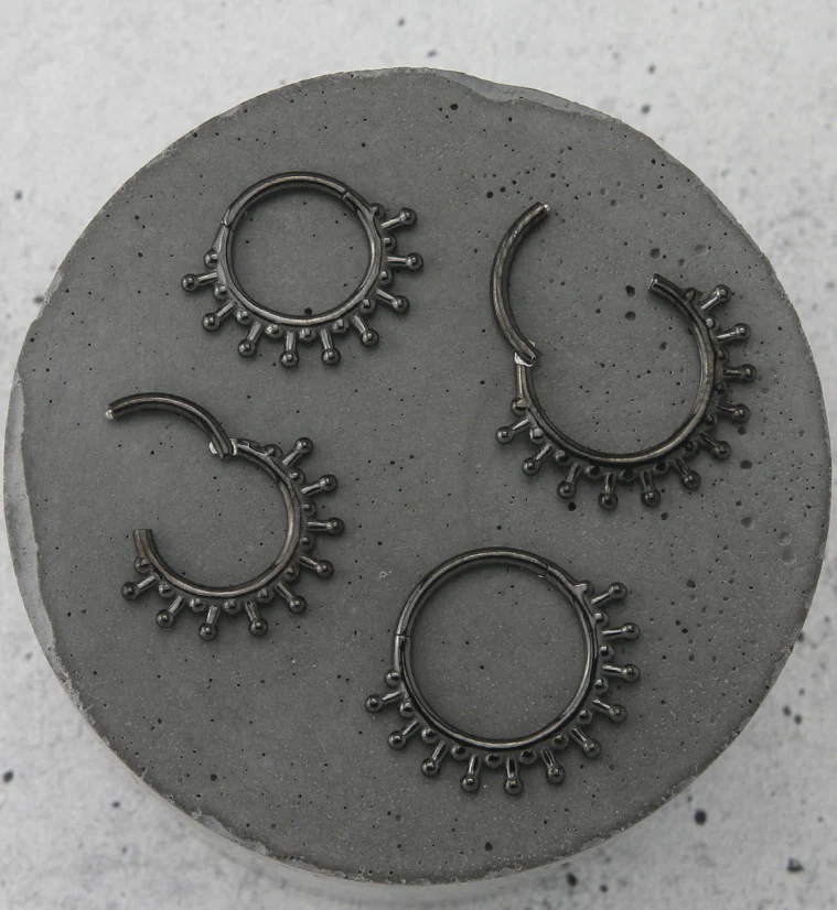 Beaded Sunray Black PVD Hinged Segment Ring - Mrs Treak