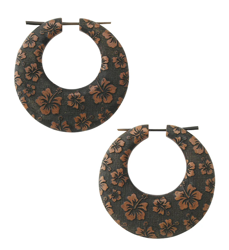 Hibiscus Flower Saba Wood Hoop Earrings - Mrs Treak